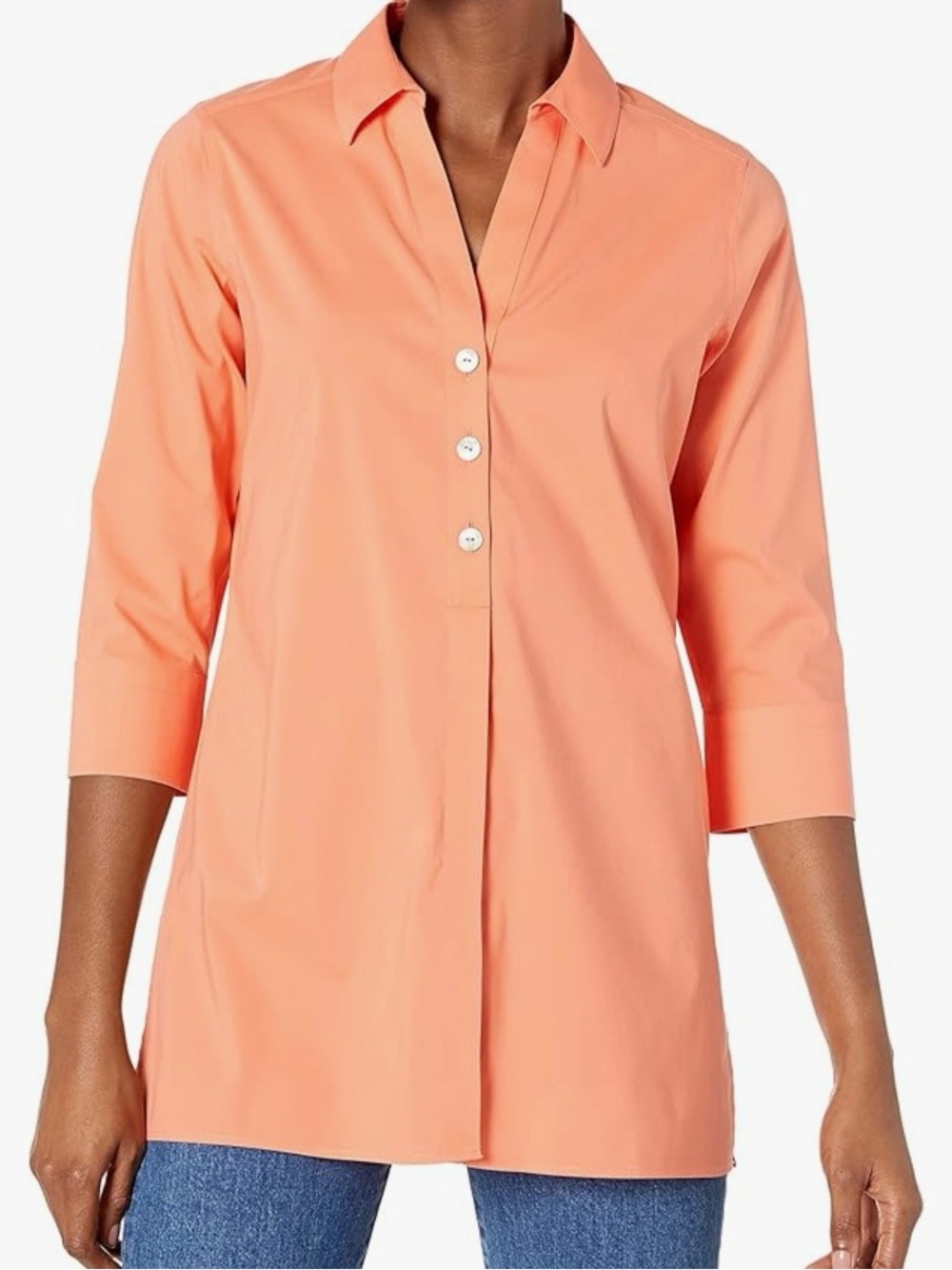 Foxcroft NEW Pamela No Iron Stretch 3/4 Sleeve Tunic Coral Minimalist Size 18